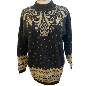 Vintage 80’s Metallic Sweater Knit Black Gold Silver Mock Neck Trimmings Medium